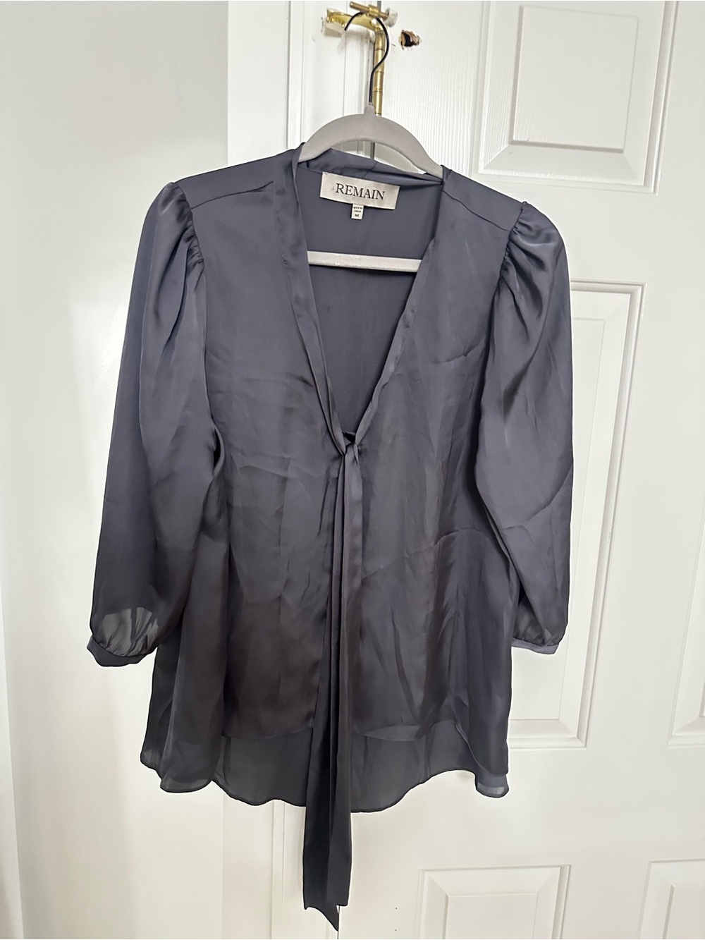 Remain Sheer Slate-Blue Tie-Front Blouse